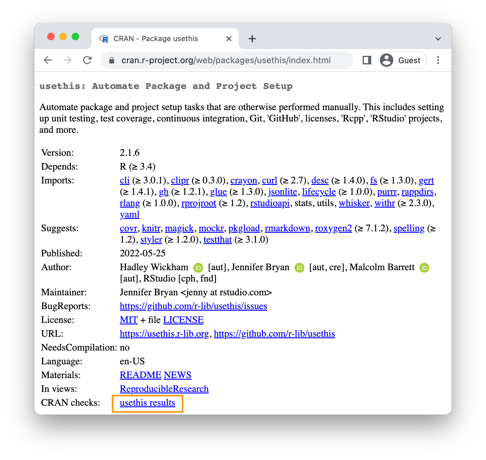 Screenshot of the CRAN landing page for usethis, with the link to the CRAN check results highlighted with a box.